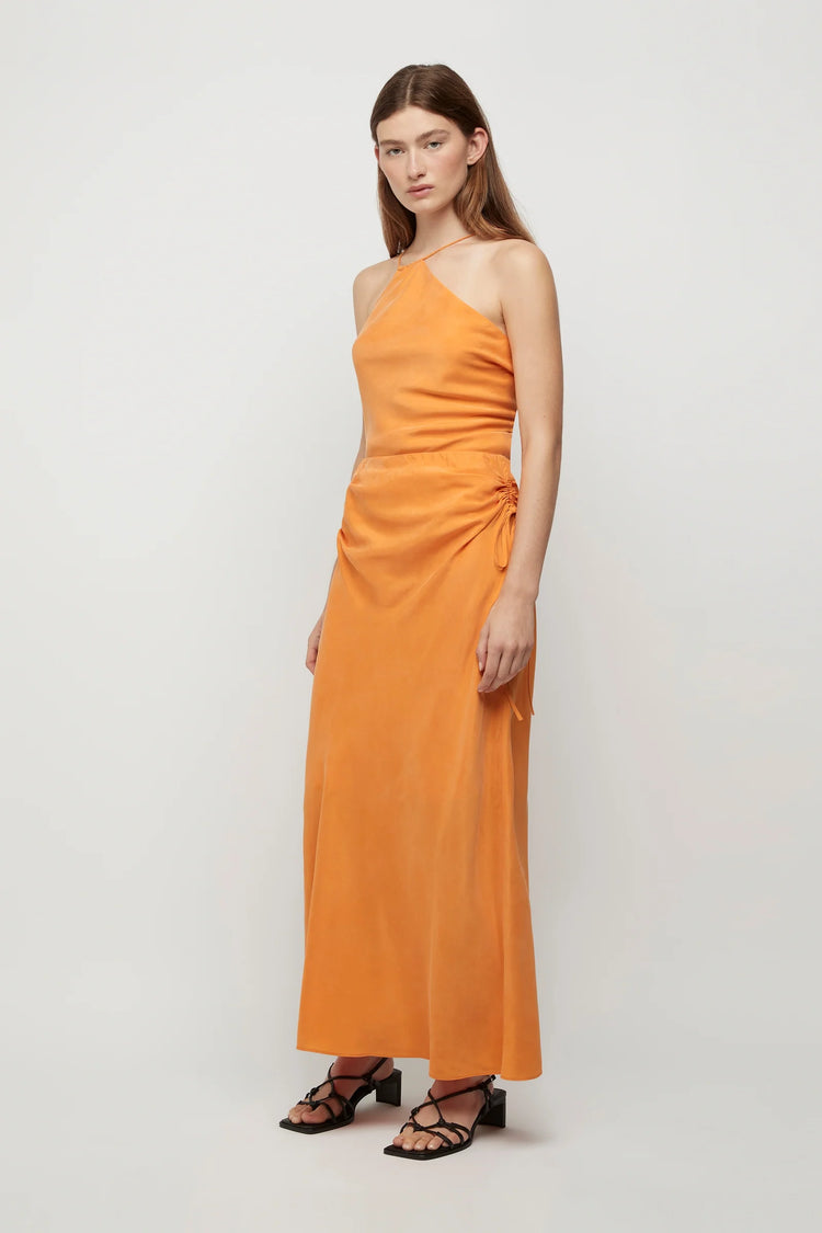 FRIEND OF AUDREY Andree Cupro Ruched Skirt- TANGERINE