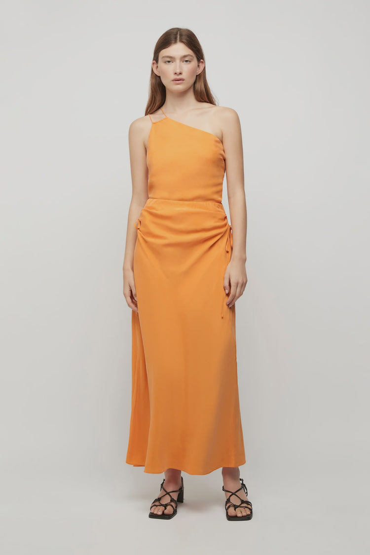 FRIEND OF AUDREY Andree Cupro Ruched Skirt- TANGERINE
